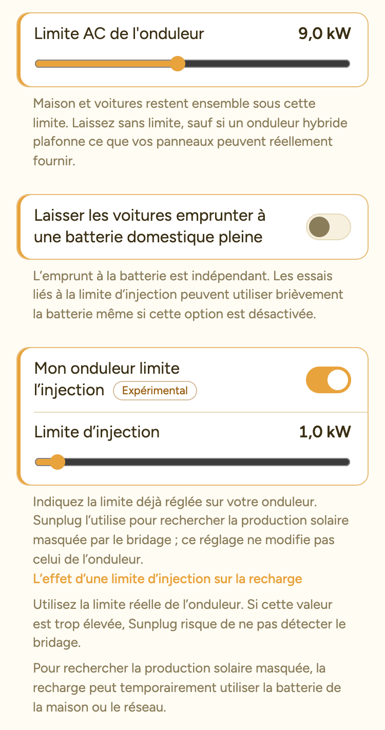 Les réglages Suivi du solaire, avec « Mon onduleur limite l'injection » activé et le curseur Limite d'injection réglé sur 1,0 kW