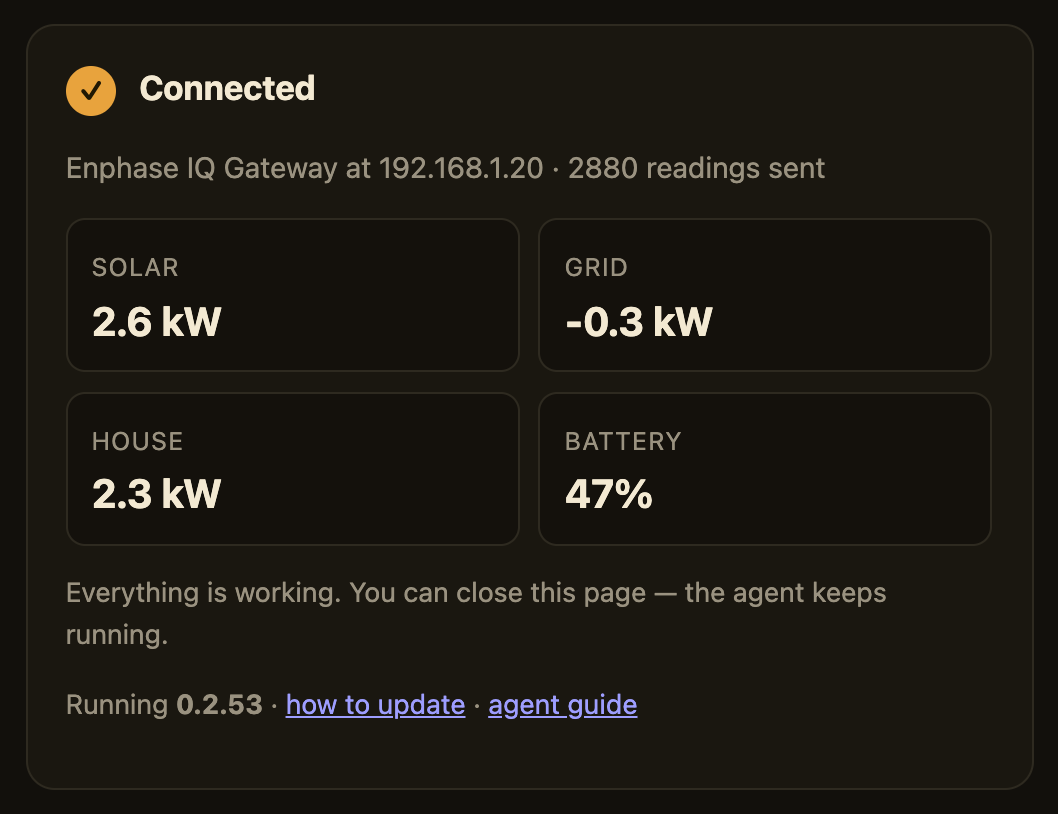 The agent's setup page showing Connected, readings for solar, grid, house and battery, and the running version number