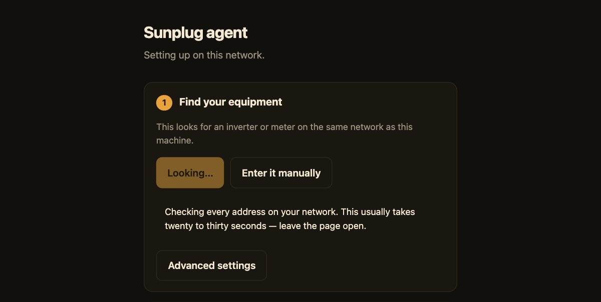 The Sunplug agent's setup page, first view: Find your equipment, scanning the network