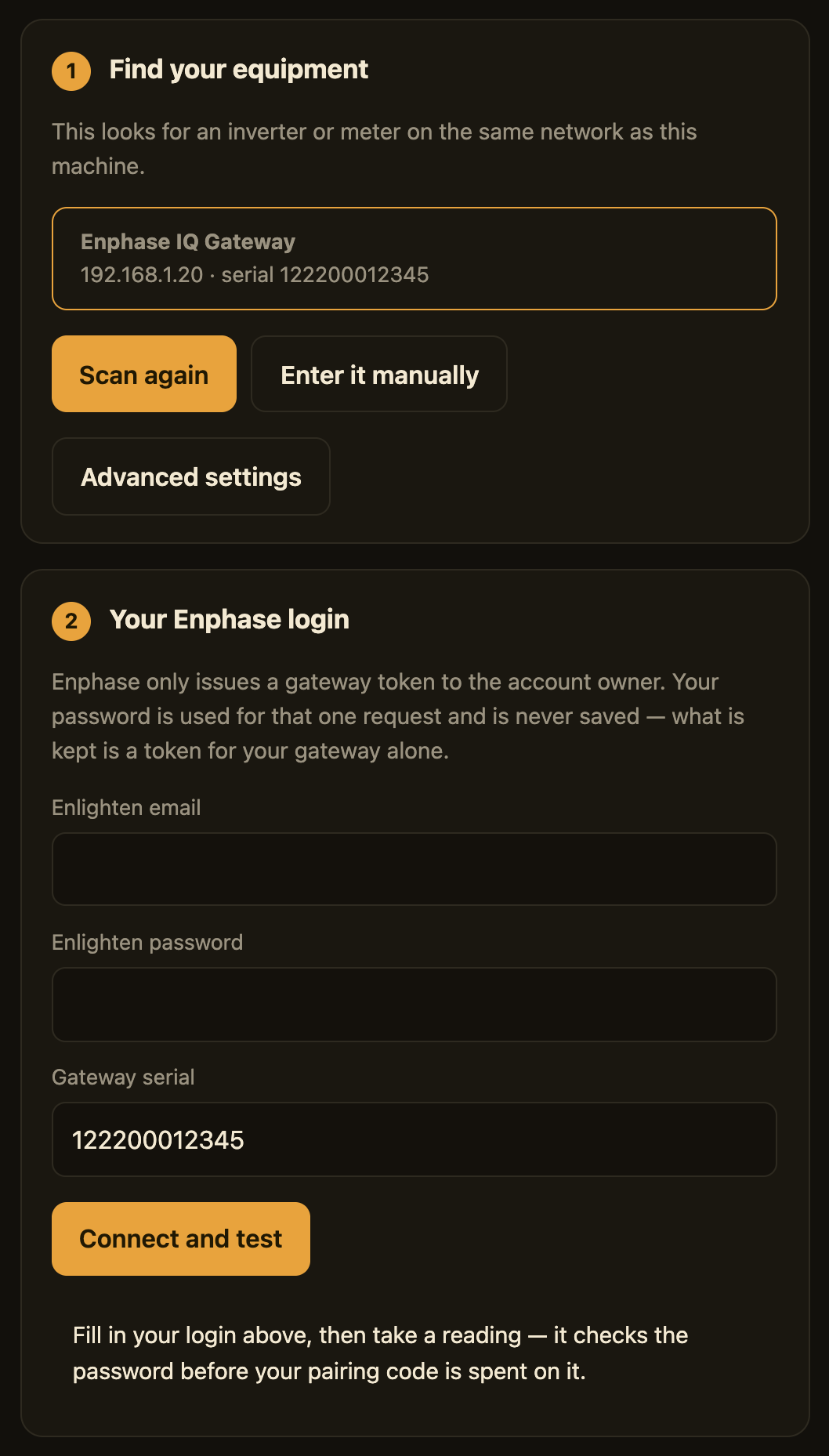 The agent's setup page: an Enphase IQ Gateway found on the network, and the Enphase login form below it