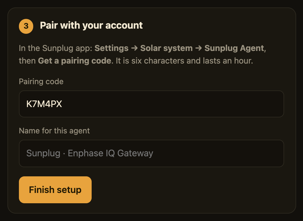 The agent's setup page: pairing step, with a six-character code entered and a name for the agent