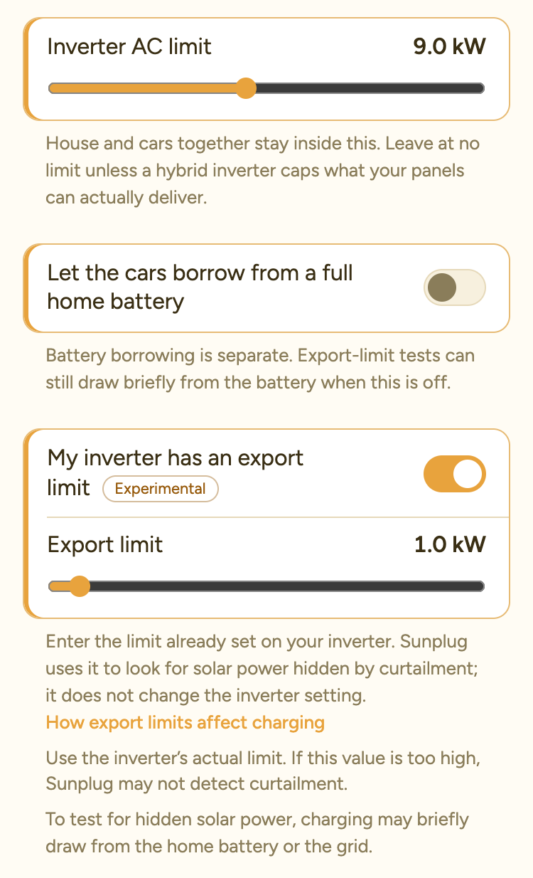 The Solar tracking settings, with 'My inverter has an export limit' switched on and the Export limit slider set to 1.0 kW